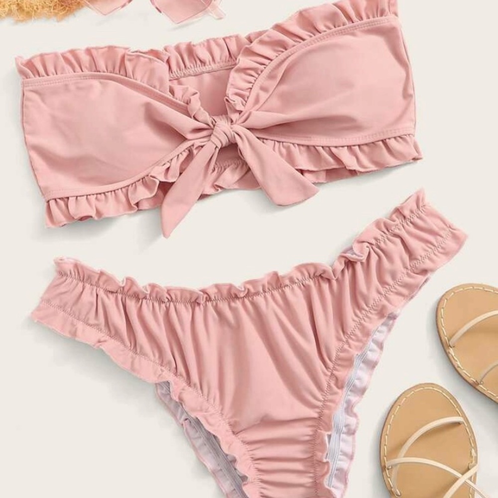 SHEIN Frill Trim Bandeau top cheeky bikini swim